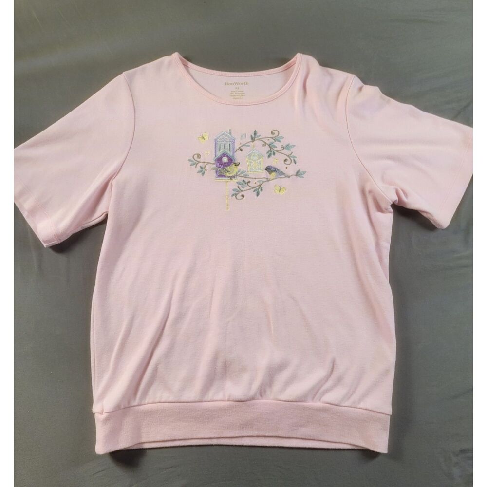 BonWorth Pink Embroidered Birdhouse Short Sleeve Top Banded Hem XS